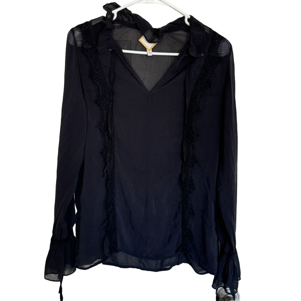 Luba by Hannah Payne Black 100% Silk Lace Ruffle V-Neck Blouse Top Size 12 j2